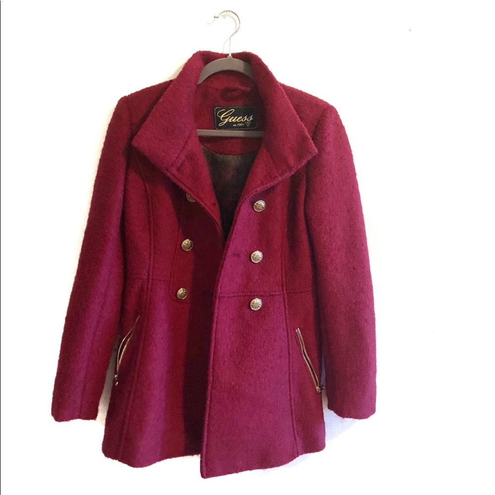 Guess Red Velvet Wool Pea Coat Jacket